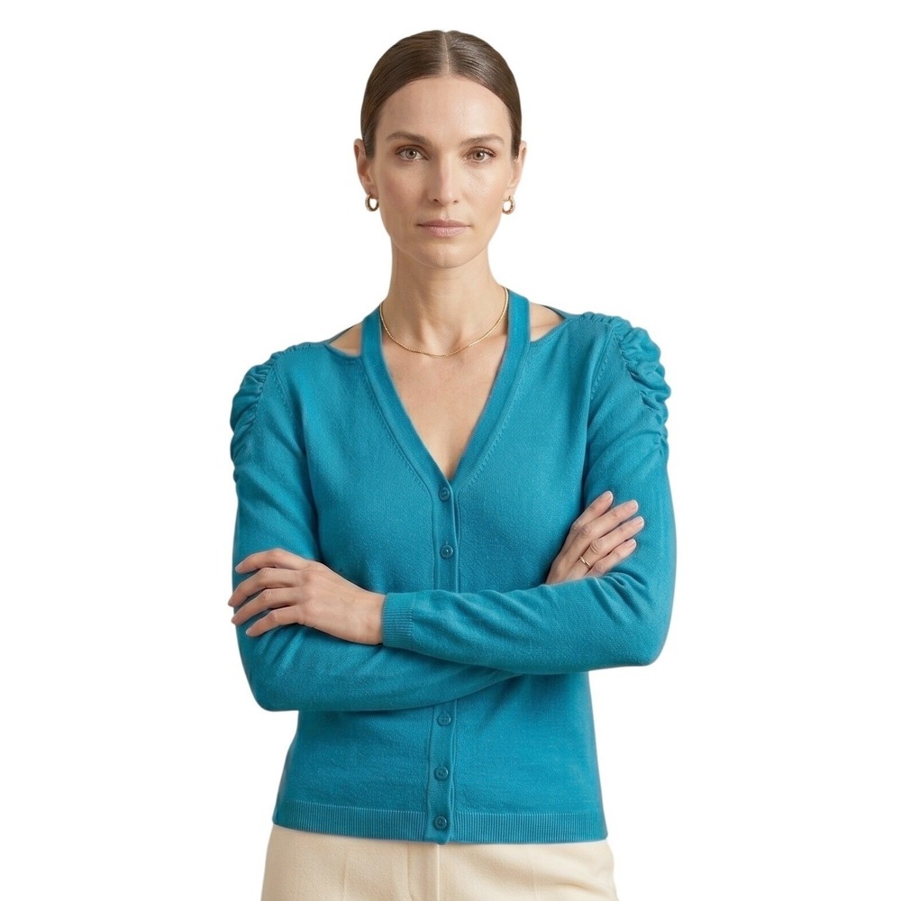 SHU SHU Turquoise Small Cotton Cardigan Cold Shoulder Knit Ruched Puff Sleeve
